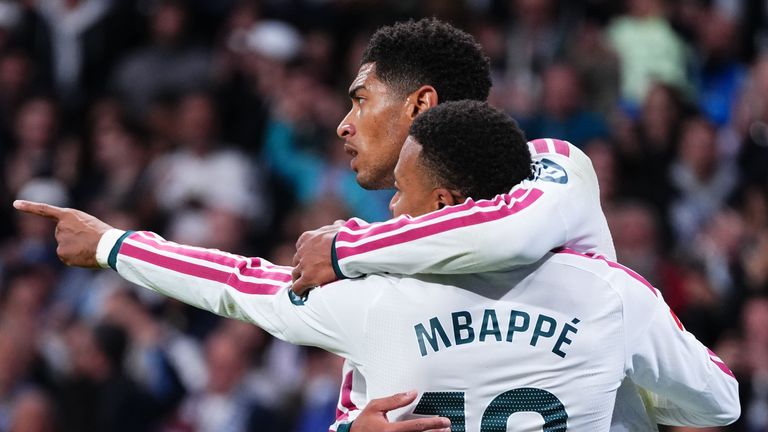 Real Madrid's Kylian Mbappe and Real Madrid's Jude Bellingham celebrate after scoring second goal