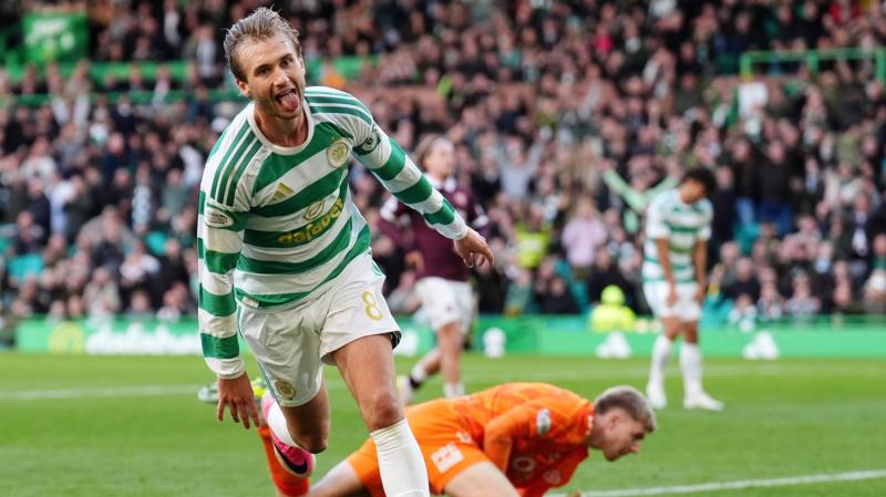 Benjamin Nygren celebrates after scoring for Celtic against Hearts
